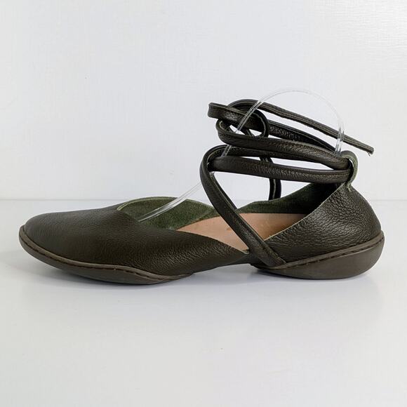 Trippen Ankle Tie Flats 41 Green Leather Artsy Designer Avant Garde Minimalist - Picture 8 of 10